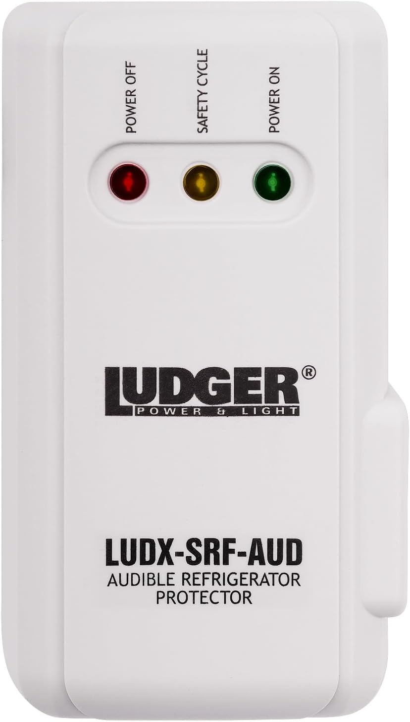 Ludger Power Surge Protector for Appliances (LUDX-SRF-AUD), ETL Certified, Appliance Surge Protector Refrigerator 90 Degrees, Connects to All Types of AC, Unique Side Socket, Audible Alarm