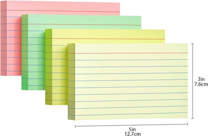 200 PCS Colored Index Cards 3x5, Ruled Index Cards, Flash Cards for Studying, Heavy Note Cards for Office, Home and School，Light Red/Green/Yellow/Beige 4 Colors, 50 PCS of Each Color
