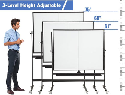 FORTUNO Large Magnetic Mobile Whiteboard 72"x40", Rolling Double Sided Stand Whiteboard on Wheels, Reversible Adjustable Height/Angle Dry Erase Board Easel White Board for Office Classroom, Black
