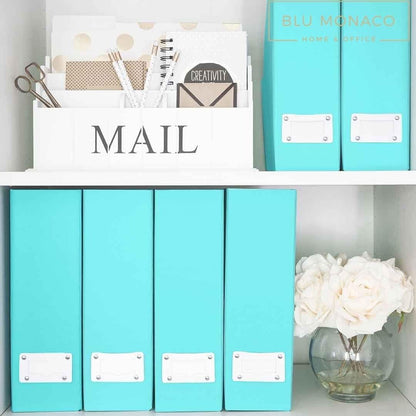 BLU MONACO Set of 6 Foldable Aqua Magazine File Holders with White Leather Label Holders – Cute Book Organizers for Desk, Classroom, Shelves, and Home Office