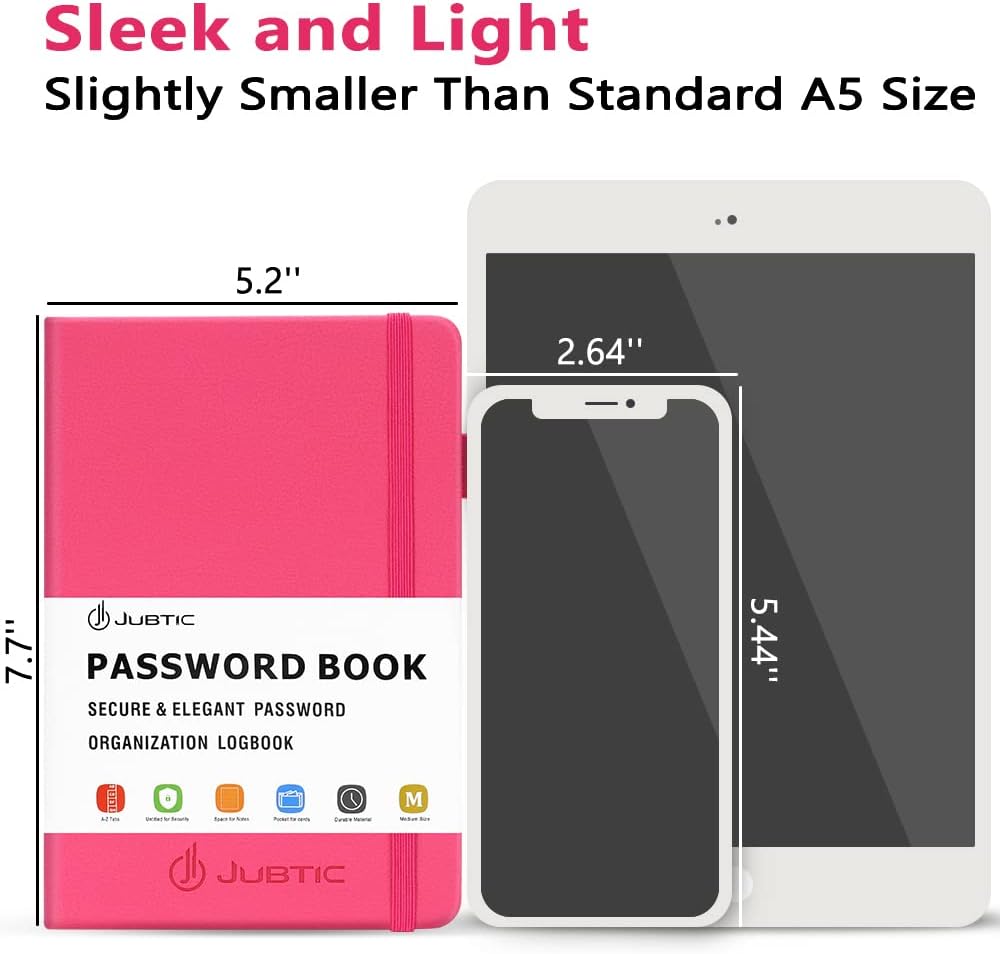 JUBTIC Password Book with Alphabetical Tabs. Medium Size Password Keeper Logbook for Internet Log in, Website Address. Hardcover Password Journal Notebook & Organizer for Home Office, Hot Pink