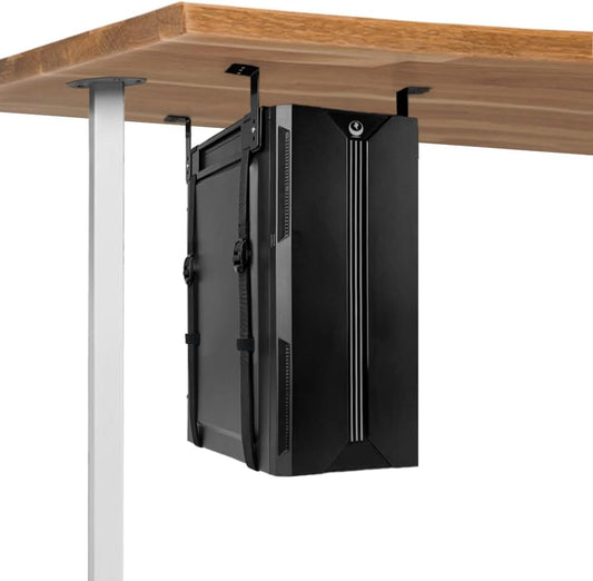Under Desk PC Mount with Anti Scratch Sponge, Adjustable CPU Holder Bracket for Computer Tower (Black, Fixed)