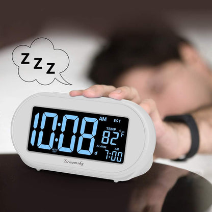 DreamSky Alarm Clocks for Bedrooms, Auto Set Digital Desk Clock for Bedside Nightstand, Electric Clock with Dimmable Brightness Dimmer, Auto DST, USB Port, Date, Temperature, Snooze