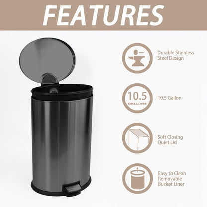 Trash Can with Lid - Assembled in USA 40 Liter/10.5 Gallon Stainless Steel Trash Can with Odor Protection Kitchen Garbage cans with Soft-Close Foot Pedal for Bathroom Home Office, Black