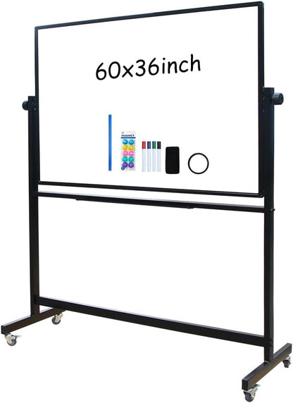 XIWODE 36x60 Large Magnetic Dry Erase Whiteboard with Stand - Double-Sided Freestanding Rolling Board, Flippable Design for Writing & Display, Black Frame for Office, Classroom, Home, Presentations