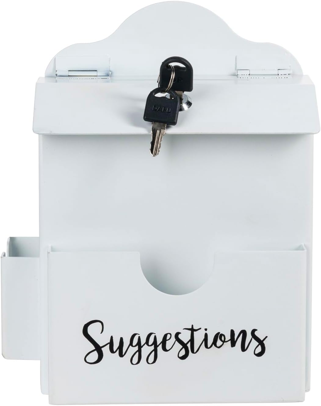 MyGift Classic White Metal Suggestion Box with Cursive Suggestions Lettering, Wall Mounted or Tabletop Comment Box with Lock, Keys, Paper Sheet and Pen Holder Slots