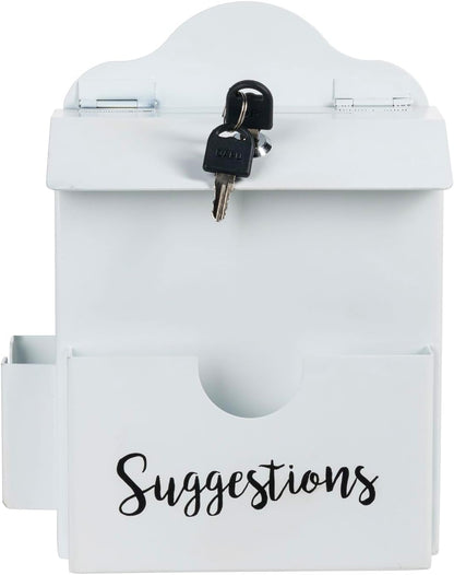 MyGift Classic White Metal Suggestion Box with Cursive Suggestions Lettering, Wall Mounted or Tabletop Comment Box with Lock, Keys, Paper Sheet and Pen Holder Slots