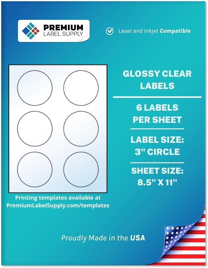 Premium Label Supply Glossy Clear Sticker Round Labels – 3" Circle – Laser/Inkjet Compatible – (6 per Sheet), 10 Sheets – 60 Total Adhesive Labels