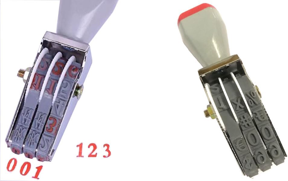 WANLIAN 3-Digit Adjustable Rubber Number Stamp - Customizable 0-9 Numbers & Symbols for Packaging, Office, Labels (18x7mm Imprint, Gray-Red)