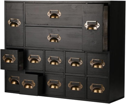 Apothecary Drawers Card Catalog Cabinet with 14 Drawers Wooden Card Catalog Wooden Storage Box for Desktop Organizer (Black)