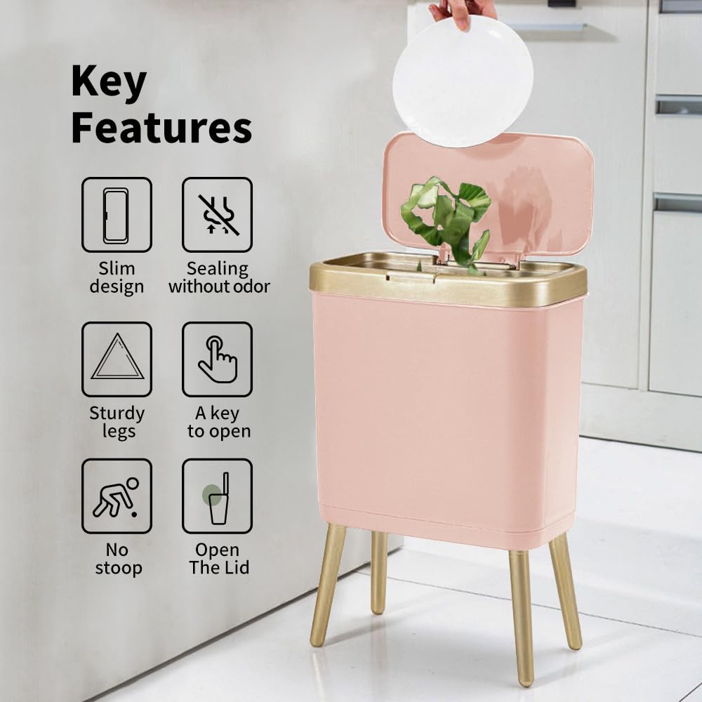 Procade 2Pack Office Trash Can with Lid, Bathroom Garbage Bin with Gold Edge, Modern Pink Trash Can for Bedroom, Slim Waste Basket Plastic Trash Bin for Room,Kitchen, Living Room,Toilet, 4 Gallon