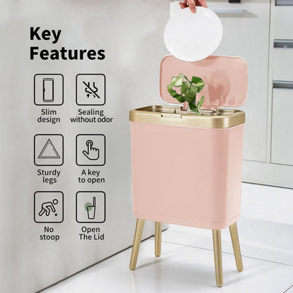 Procade 2Pack Office Trash Can with Lid, Bathroom Garbage Bin with Gold Edge, Modern Pink Trash Can for Bedroom, Slim Waste Basket Plastic Trash Bin for Room,Kitchen, Living Room,Toilet, 4 Gallon