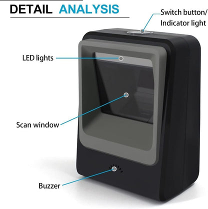 Handsfree 2D 1D Barcode Scanner,Alacrity QR Omnidirectional Desktop Bar Code Reader Scanner, Capture Barcodes from Mobile Phone Screen, Black