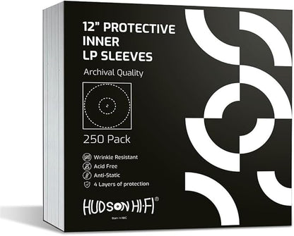Hudson Hi-Fi Anti-Static Vinyl Record Inner Sleeves 250 Pack - Durable Clear Disc Sleeves- Protect Your LP Albums from Scratches, Dust & Dirt - Acid-Free Rice Paper Interior Disc Covers