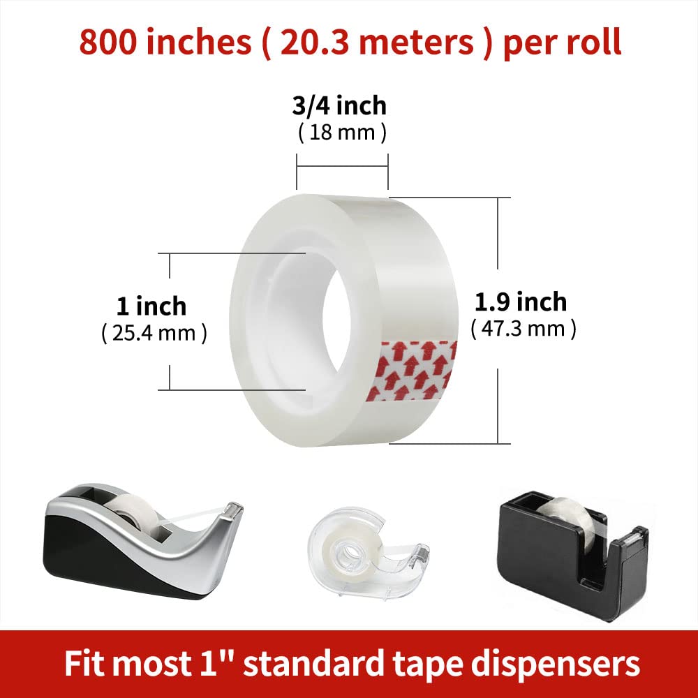 24 Rolls Transparent Tape Refills, Clear Tape, 3/4 x 800 Inches, Glossy Gift Wrapping Tapes for Dispenser, Office, School, Home