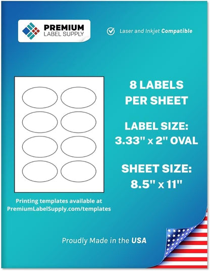 Premium Label Supply White Sticker Oval Labels – 3.33" x 2" Oval – Laser/Inkjet Compatible – (8 per Sheet), 1000 Sheets – 8,000 Total Adhesive Labels