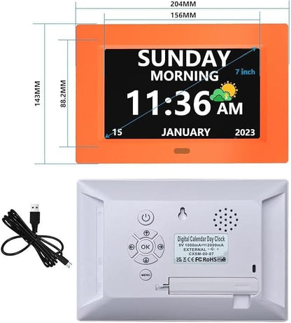 7 Inch Digital Clock with Day and Date for Elderly Alzheimer's Clock Customizable Alarms 3 Display Modes Large Font Alarm Clock for Seniors Auto DST Orange