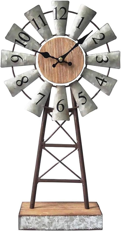 MODE HOME Farmhouse Windmill Desk Clock - 15.75 Inch Galvanized Metal Table Clock with Blades, Small Decorative Office Clock, Battery Operated Rustic Farmhouse Clock for Tabletop & Shelf Decor