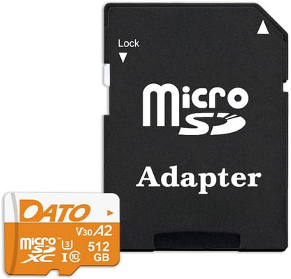 DATO 512GB Advance Plus microSDXC Memory Card w/Adapter, UHS-I, C10, U3, V30, A2, 4K UHD, Up to 160/150 MB/s, for Mobile Phones, Tablets, Gaming Consoles, Cameras, Drones, and Professional Equipment