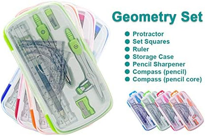 Geometry Compass Kit Starter Maths Set with 2 Drafting Compasses Protractor Set Squares Ruler and More for Students Maths Study, Green