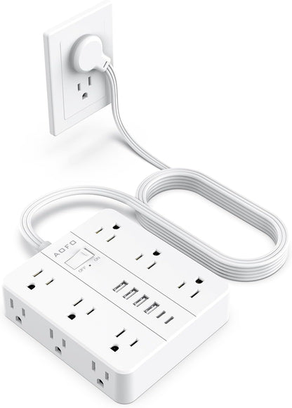10FT Surge Protector Power Strip,12 AC Outlets with 6 USB Ports (2 USB-C), Flat Plug Extension Cord with Multiple Outlets, Wall Mount for Home Office,Dorm,White
