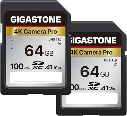 【5-Years Data Recovery】 GIGASTONE 64GB SD Card 2-Pack, 4K Camera Pro, A1 V30 SDXC Memory Card 4K UHD Video Compatible with Canon Digital Camera, with 2 Mini Cases