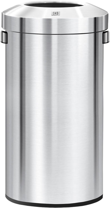 EKO 32-Gallon Round Stainless Steel Open Top Trash Can, Large Commercial Waste Bin with Detachable Lid and Carrying Handle, Brushed Metal Garbage Bin for Home, Office, Restaurant, Restroom