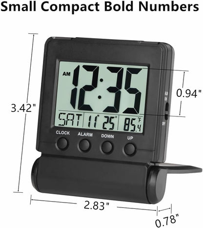 FAMICOZY Small Folding Digital Travel Alarm Clock with Day/Month/Date/Indoor Temperature,Easy to Read and Set,High/Low Alarm Volume,9 Min Snooze,Backlight on Demand,Bedside Calendar Alarm Clock,Black
