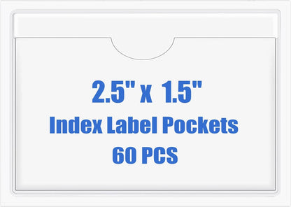 Origin-Joy 60 PCS Self Adhesive Index Card Pockets with Top Open, Clear Plastic Label Holder for Cards of Note, Library and Business, Adhesive Label Pockets & Card Holder (2.5 x 1.5 inch)
