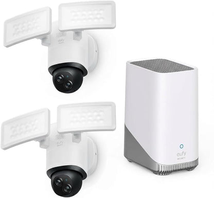 eufy Security Floodlight Wired Camera E340 2kit+Homebase3, Security Camera Outdoor, 355° Pan & Tilt, 24/7 Recording, 2000 LM, Motion Detection, Built-in Siren, Dual Cam, No Monthly Fee