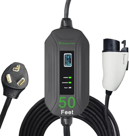PRIMECOM Level 2 Electric Vehicle (EV) Charger (220V / 240Volt, 16Amp) Portable EVSE Smart Electric Car Charger, 30', 40', and 50 Feet Lengths (NEMA 10-30P, 50 Feet)