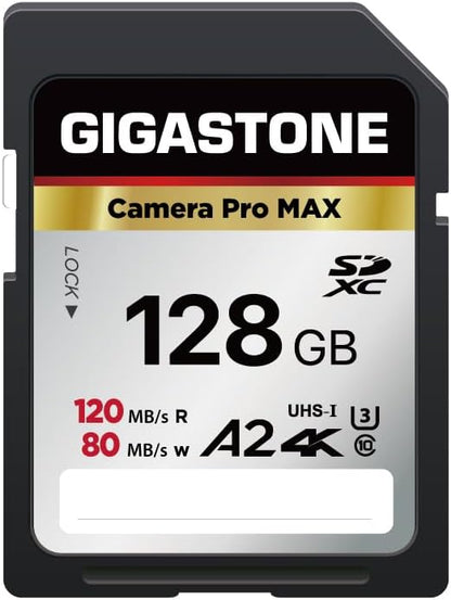 【5-Years Data Recovery】 GIGASTONE 128GB SD Card, 4K Camera Pro MAX, A2 4K SDXC Memory Card High Speed 4K UHD Video Compatible with Canon Kodak Digital Camera, with 1 mini case