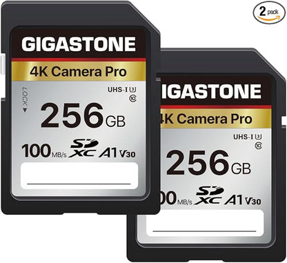 【5-Years Data Recovery】 GIGASTONE 256GB SD Card 2-Pack, 4K Camera Pro, A1 V30 SDXC Memory Card 4K UHD Video Compatible with Canon Digital Camera, with 2 Mini Cases