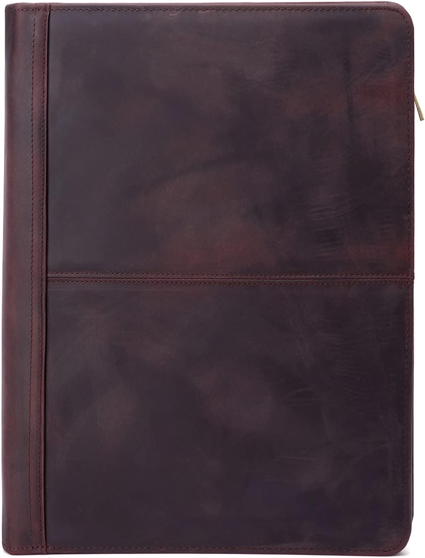 Genuine Leather Portfolio with 3 Ring Binder, Full Grain Leather Padfolio Zippered, A4 Notebook Holder Laptop Sleeve Professional Folder Organizer Gift for Men and Women, Dark Brown
