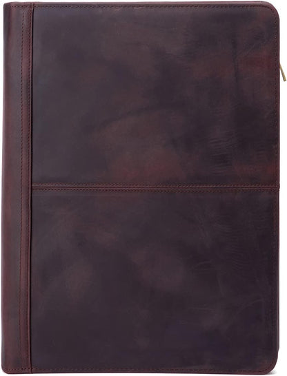 Genuine Leather Portfolio with 3 Ring Binder, Full Grain Leather Padfolio Zippered, A4 Notebook Holder Laptop Sleeve Professional Folder Organizer Gift for Men and Women, Dark Brown