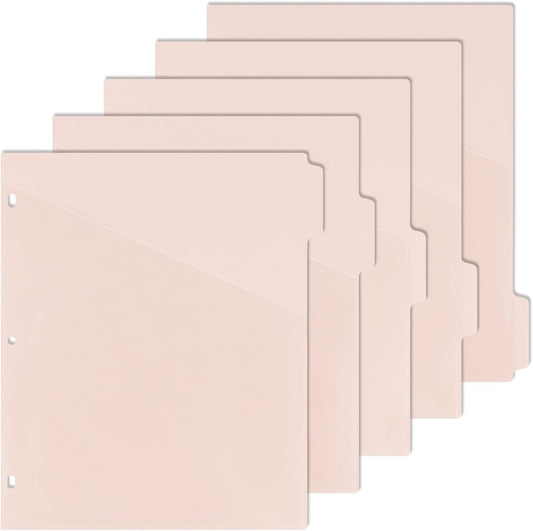 5 tab dividers for 3 Ring Binder with Pockets, Plastic Dividers with Clear Front Pocket, 5-tab Index Dividers with 3 Holes Punched for School & Office Supplies (Pink)