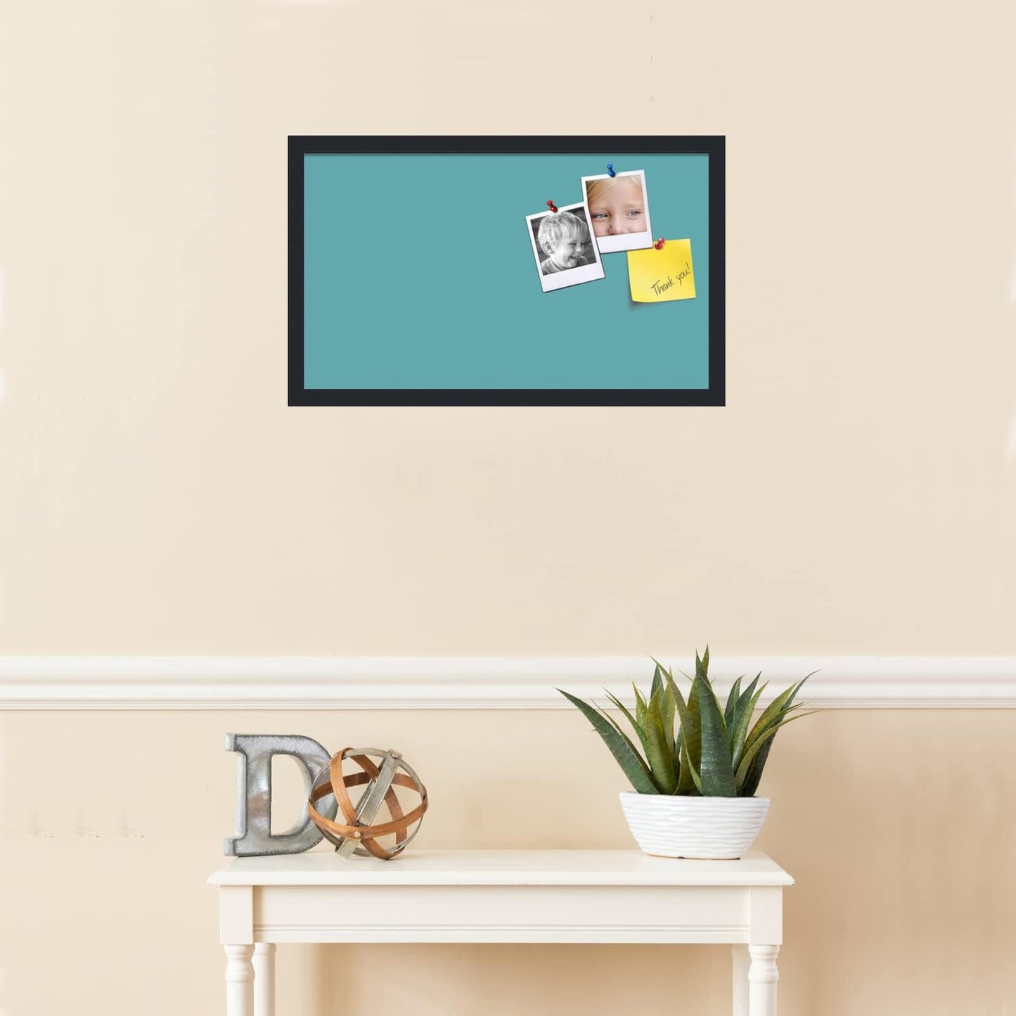 PinPix 24x14 Inch Cork Bulletin Board. This Decorative Framed Pin Board Comes with Aqua Pastel Design and a Satin Black Frame. Ideal for Home Office Decor or Message Board (PinPix-1806)