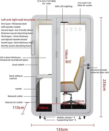 GEARONIC Mobile Office Pod Booth, Sound Proof Booth for Home, Mobile Roller with Desk, LED Light, Fans and AC USB Ports (White)