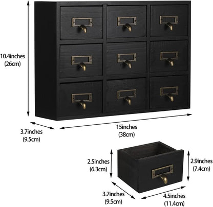 09 Drawers Apothecary Cabinet with Drawers Tabletop Apothecary Chests and Cabinets Library Card Catalog Cabinet Herb Storage Box Wooden Desk Drawer Organizer Medicine Vintage Furniture(BLACK)