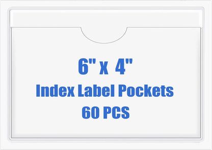 Origin-Joy 60 PCS Self Adhesive Index Card Pockets with Top Open, Clear Plastic Label Holder for Notes, Library and Business, Adhesive Label Pockets & Holder (6 x 4 inch)