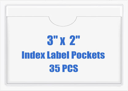 Origin-Joy 35 PCS Self Adhesive Index Card Pockets with Top Open, Clear Plastic Label Holder for Cards of Note, Library and Business, Adhesive Label Pockets & Card Holder (3 x 2 inch)