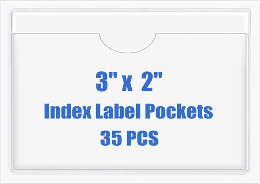 Origin-Joy 35 PCS Self Adhesive Index Card Pockets with Top Open, Clear Plastic Label Holder for Cards of Note, Library and Business, Adhesive Label Pockets & Card Holder (3 x 2 inch)