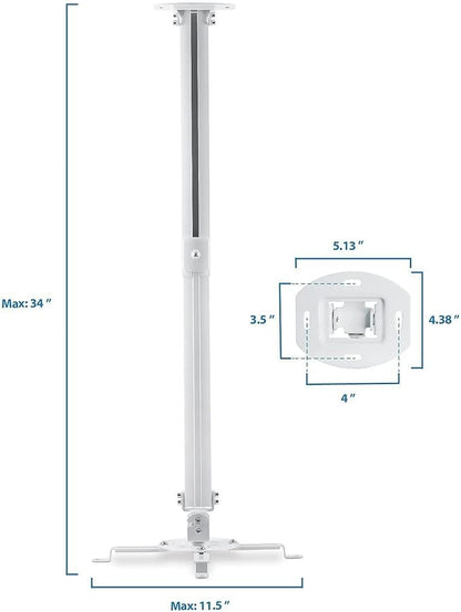 Mount-IT! Projector Ceiling Mount [30 lbs Capacity] Universal Bracket | 360 Full Motion with Tilt and Swivel Rotate | Adjustable Pole Height from 21-34.5 Inches, Extendable Arms (White | Long)
