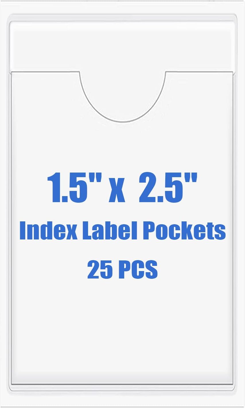 Origin-Joy 25 PCS Self-Adhesive Index Label Pockets, Clear Plastic Peel & Stick Card Holders with Top Open for Loading (1.5 x 2.5 inch)