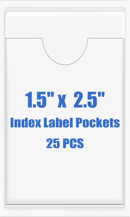 Origin-Joy 25 PCS Self-Adhesive Index Label Pockets, Clear Plastic Peel & Stick Card Holders with Top Open for Loading (1.5 x 2.5 inch)