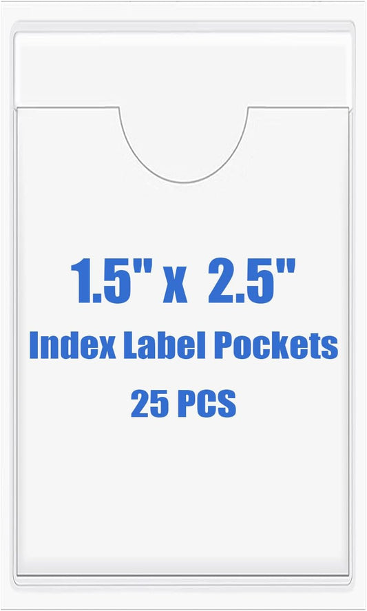 Origin-Joy 25 PCS Self-Adhesive Index Label Pockets, Clear Plastic Peel & Stick Card Holders with Top Open for Loading (1.5 x 2.5 inch)