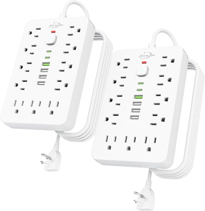 2 Pack 5 FT Flat Plug Surge Protector Power Strip,11 Multiple AC Outlets with 6 USB Ports (2 USB C), 5 Feet Extension Cord, 1250W/10A, One Touch Switch Button, 17 in 1 Compact powerstrip