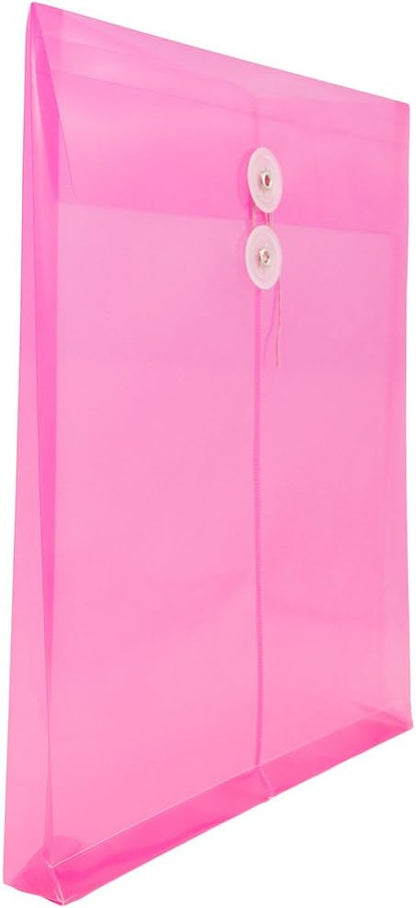 JAM PAPER Plastic Envelopes with Button & String Tie Closure - Letter Open End - 9 3/4 x 11 3/4 - Fuchsia - 12/Pack