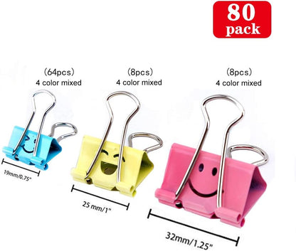 【80pack】 Binder Clips, Limque Paper Clips,Paper Clamps with Colored Cute Hollow Smiling Face,80 Pcs Assorted Size Clip, for Office,Teacher Gifts and Kitchen