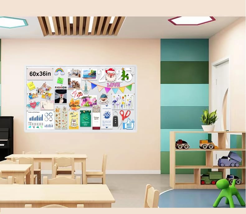 Large Bulletin Board, Foldable 60x36 Inches Cork Board Alternative, Large Felt Board Decorative Pin Board for Wall, Foldable Photo Board Self-Adhesive Vision Board with 36 Pushpins White